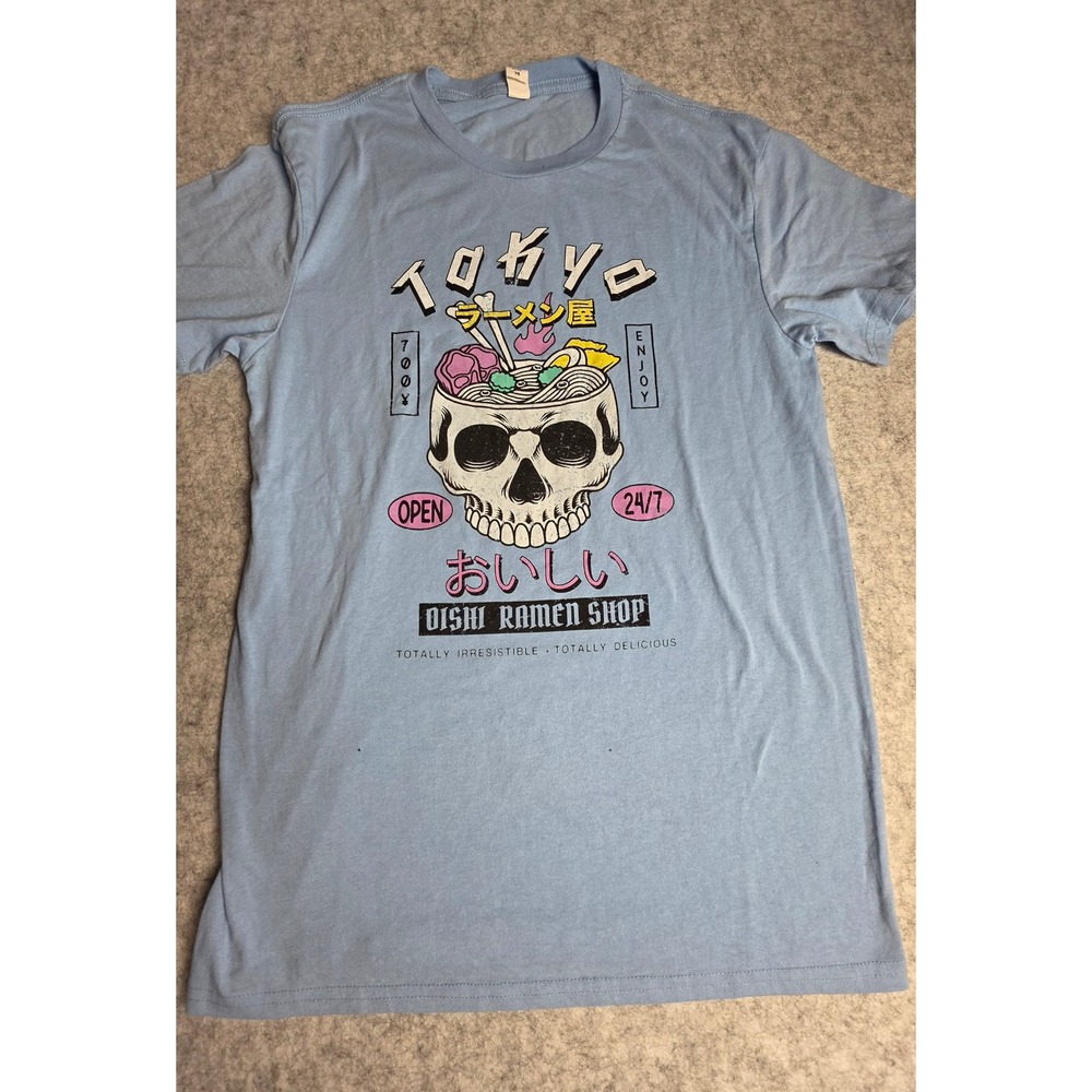 Oishi Ramen Shop Tokyo Graphic T-Shirt Light Blue Skull Ramen Bowl Mens Medium